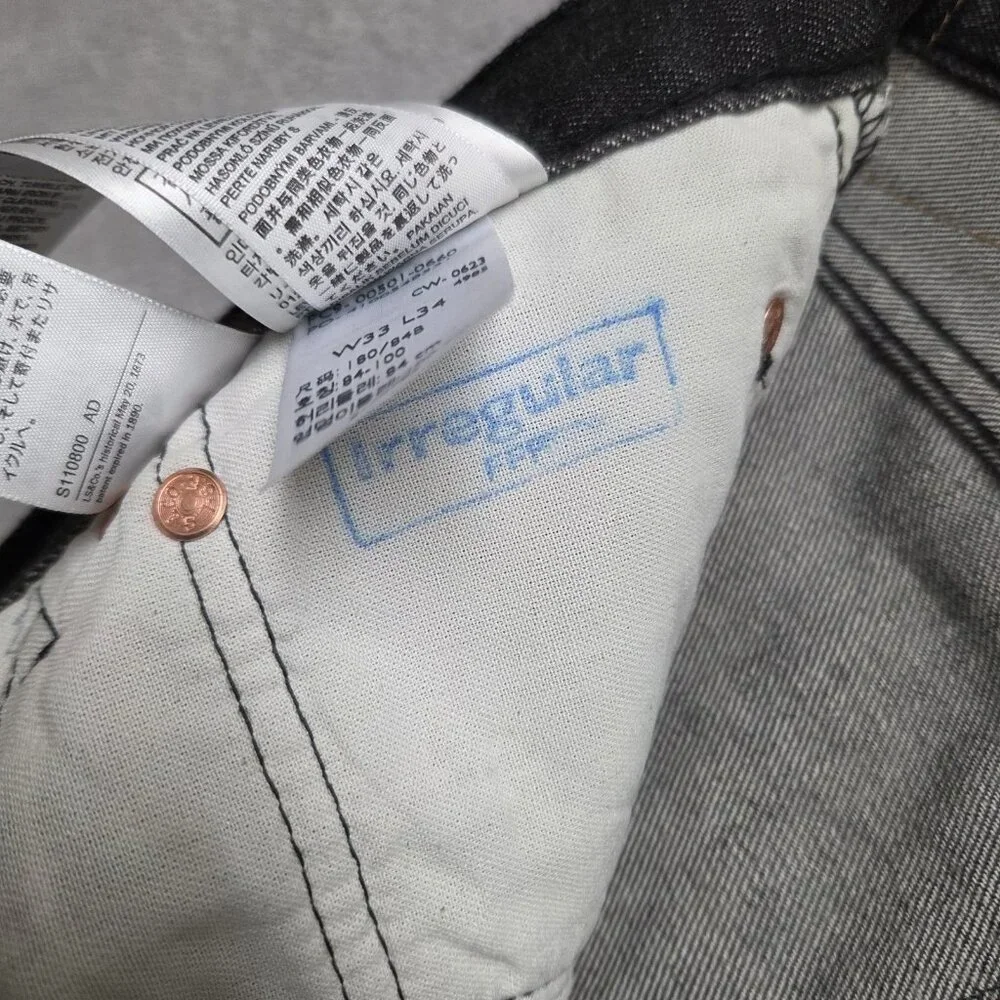 Levi's 501 Jeans Mens 33x32 Button Fly Charcoal Black Stretch Denim Hemmed